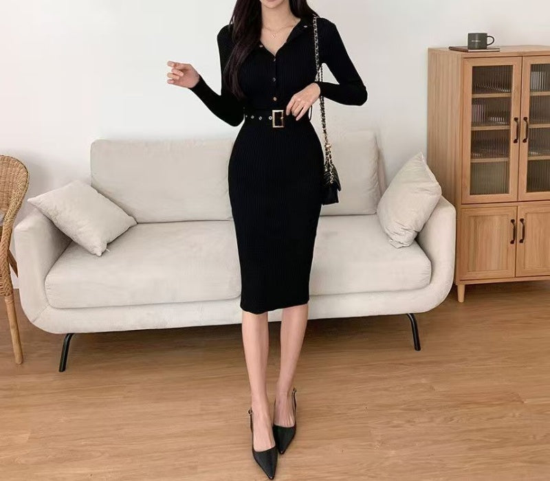 VERV Black Knit Bodycon Midi Dress with belt