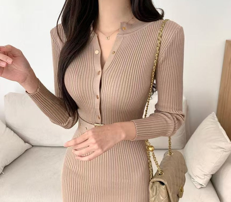 VERV Beige Knit Bodycon Midi Dress with belt