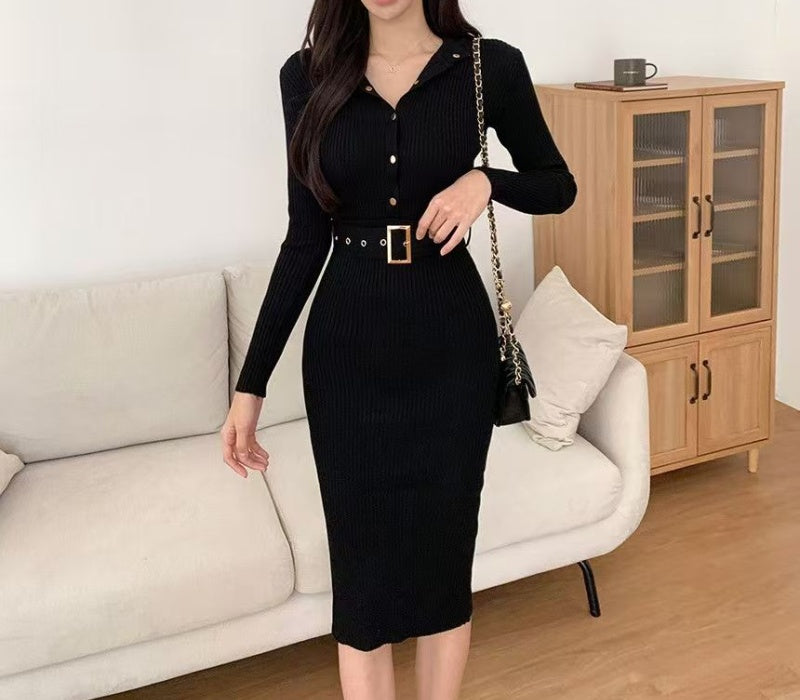 VERV Black Knit Bodycon Midi Dress with belt