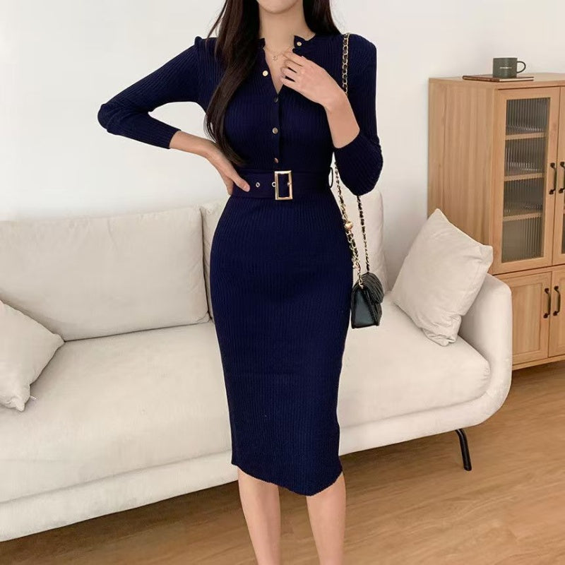 VERV Blue Knit Bodycon Midi Dress with belt