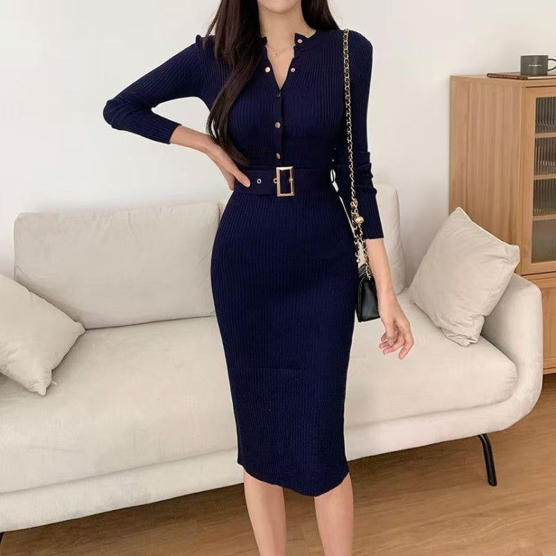 VERV Blue Knit Bodycon Midi Dress with belt