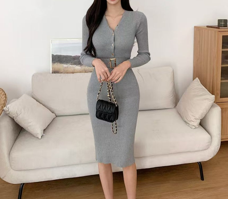 VERV Gray Knit Bodycon Midi Dress with belt
