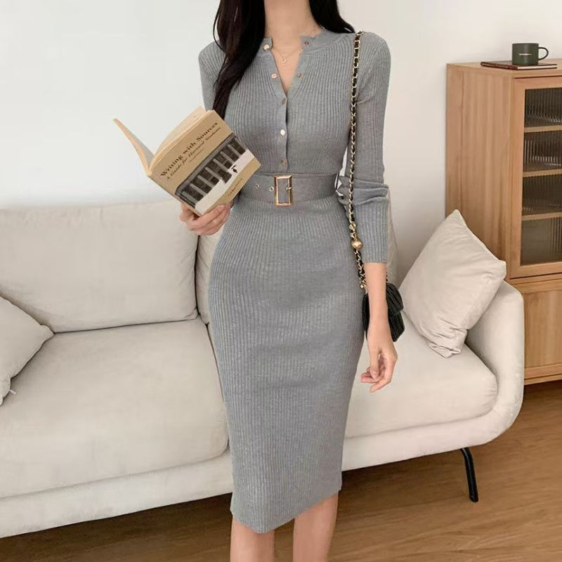 VERV Gray Knit Bodycon Midi Dress with belt