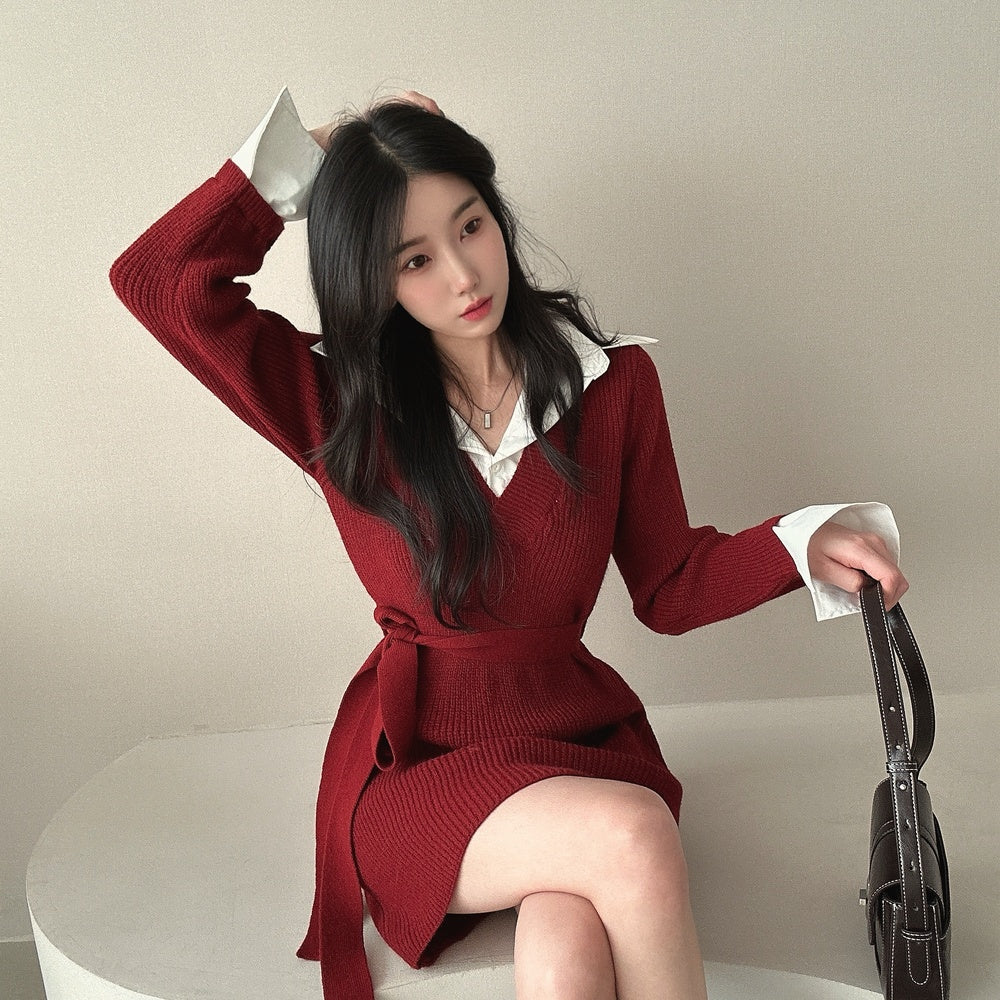 Knit Pseudo short Shirt  Dress