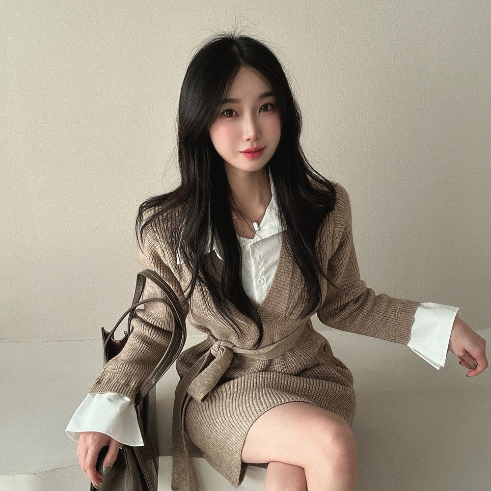 Knit Pseudo short Shirt  Dress