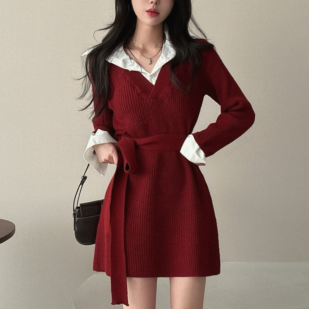 Knit Pseudo short Shirt  Dress