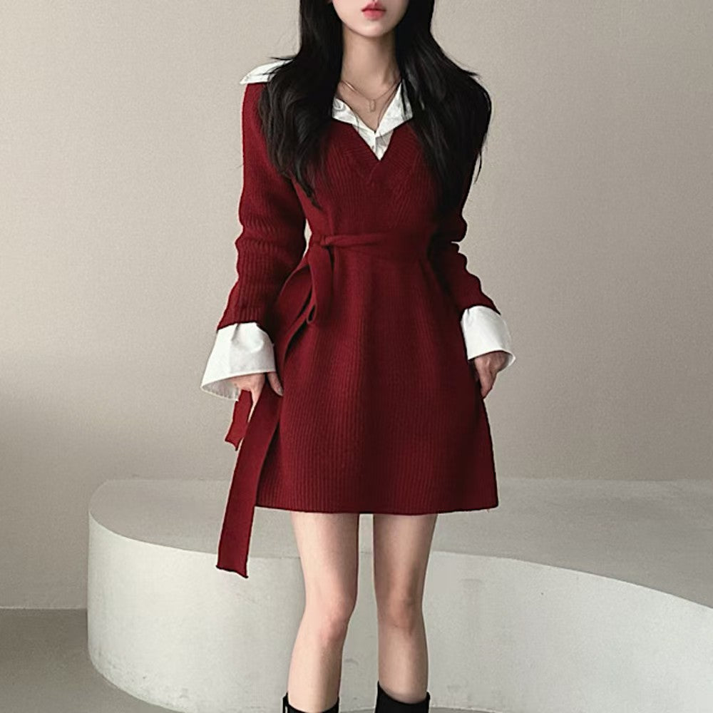 Knit Pseudo short Shirt  Dress