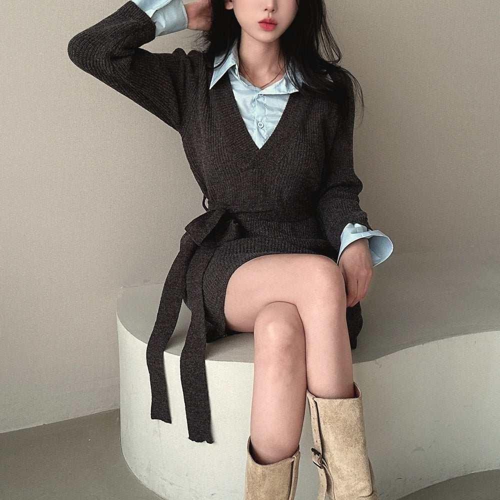 Knit Pseudo short Shirt  Dress