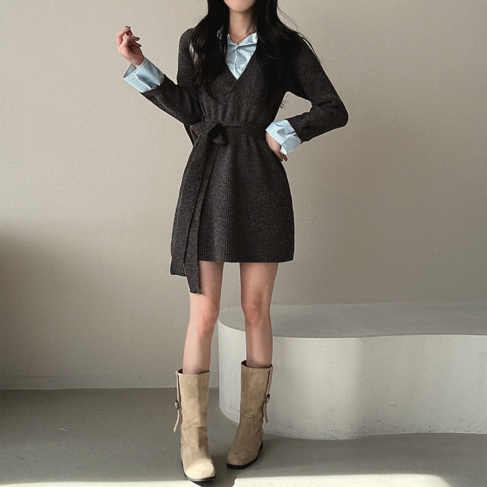 Knit Pseudo short Shirt  Dress