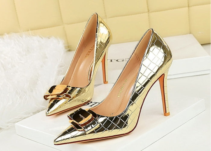 VERV Gold metallic high-heeled shoes with pointed toes and buckles