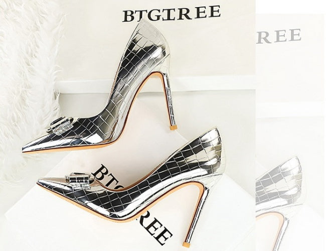 VERV Silver metallic high-heeled shoes with pointed toes and buckles
