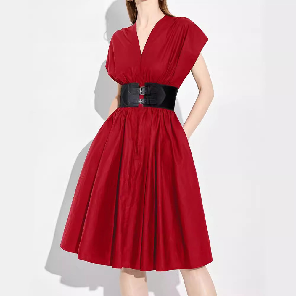 Red dress with a black belt 