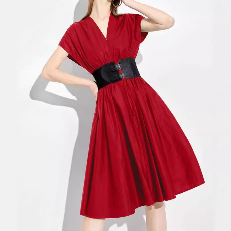 Red dress with a black belt 