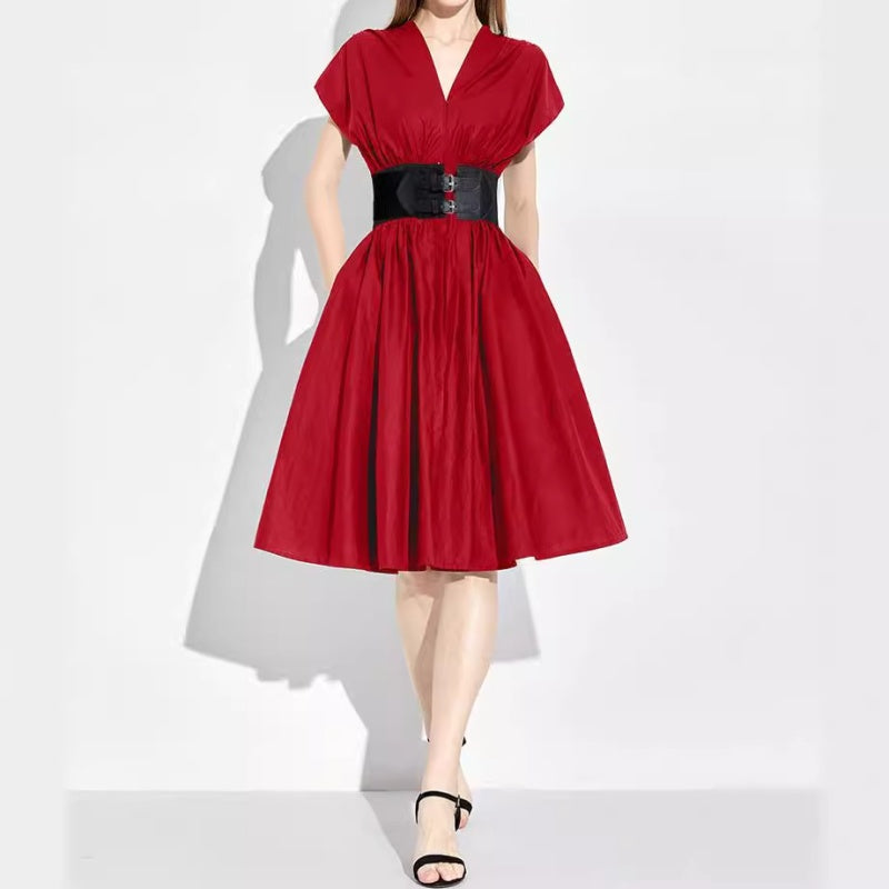 Red dress with a black belt 