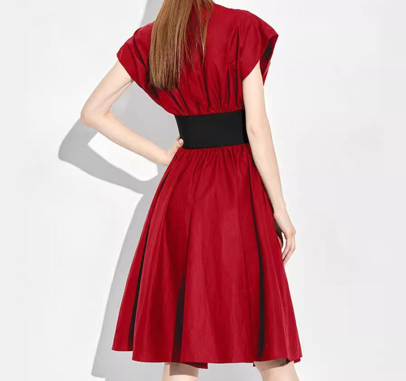 Red dress with a black belt 