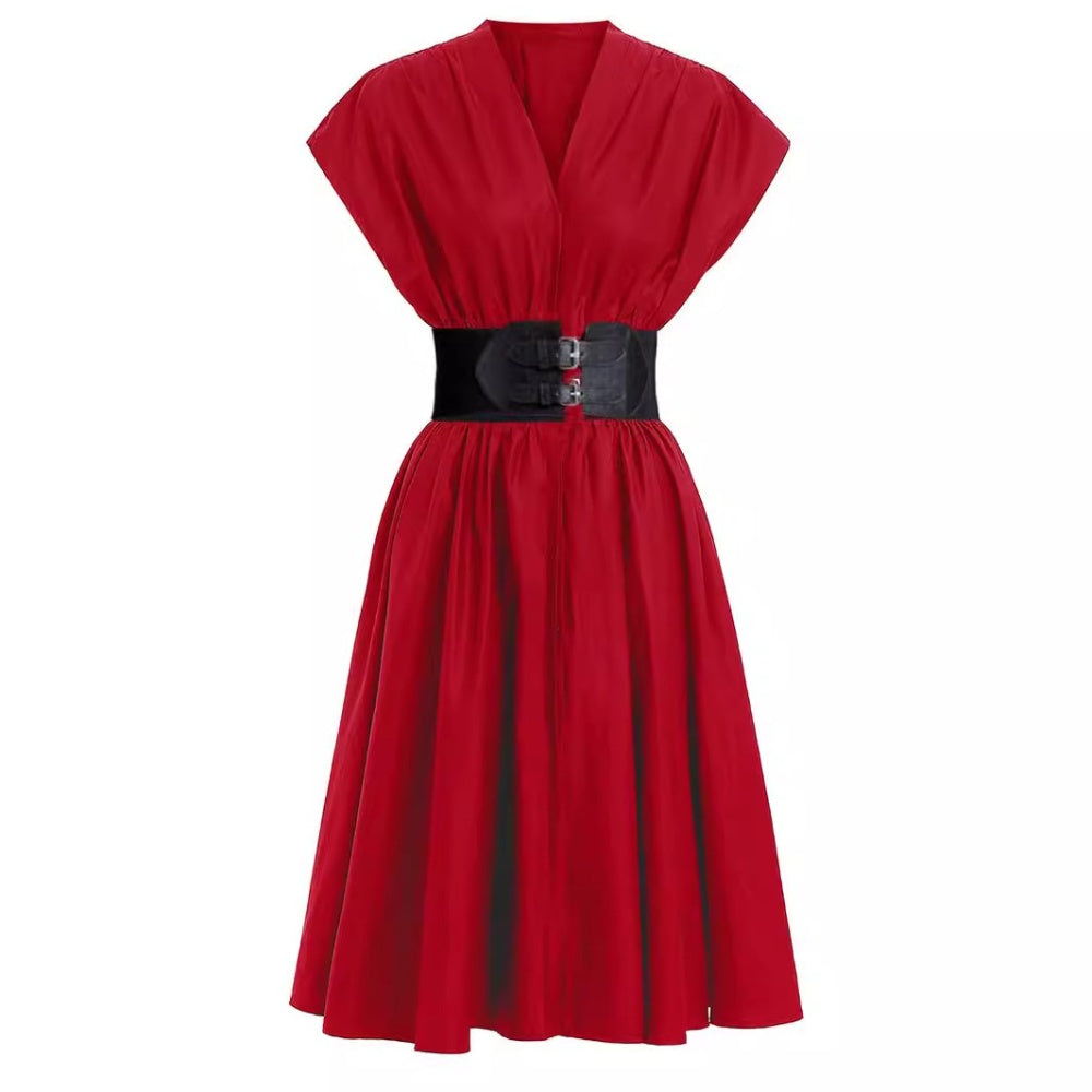 Red dress with a black belt 