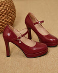 Red High Heeled Buckled Mary Jane Shoes