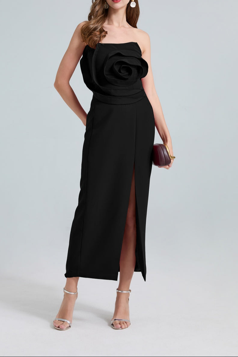 Daphne Rose Detail Strapless Slit Midi Dress