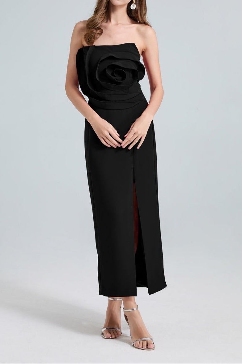 Daphne Rose Detail Strapless Slit Midi Dress