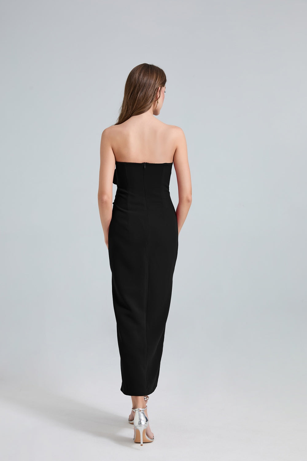 Daphne Rose Detail Strapless Slit Midi Dress