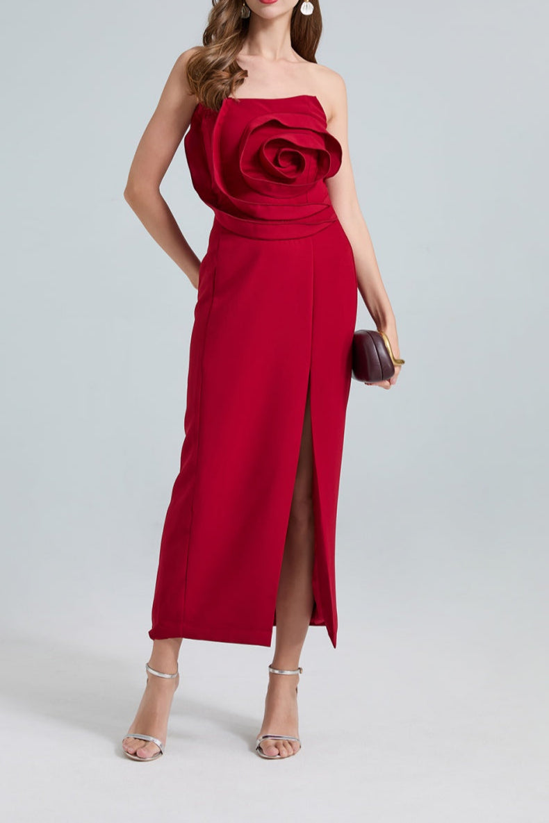 Daphne Rose Detail Strapless Slit Midi Dress
