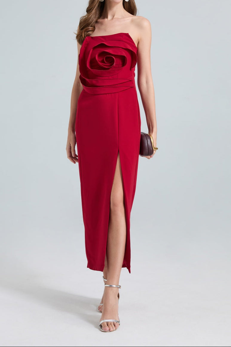 Daphne Rose Detail Strapless Slit Midi Dress