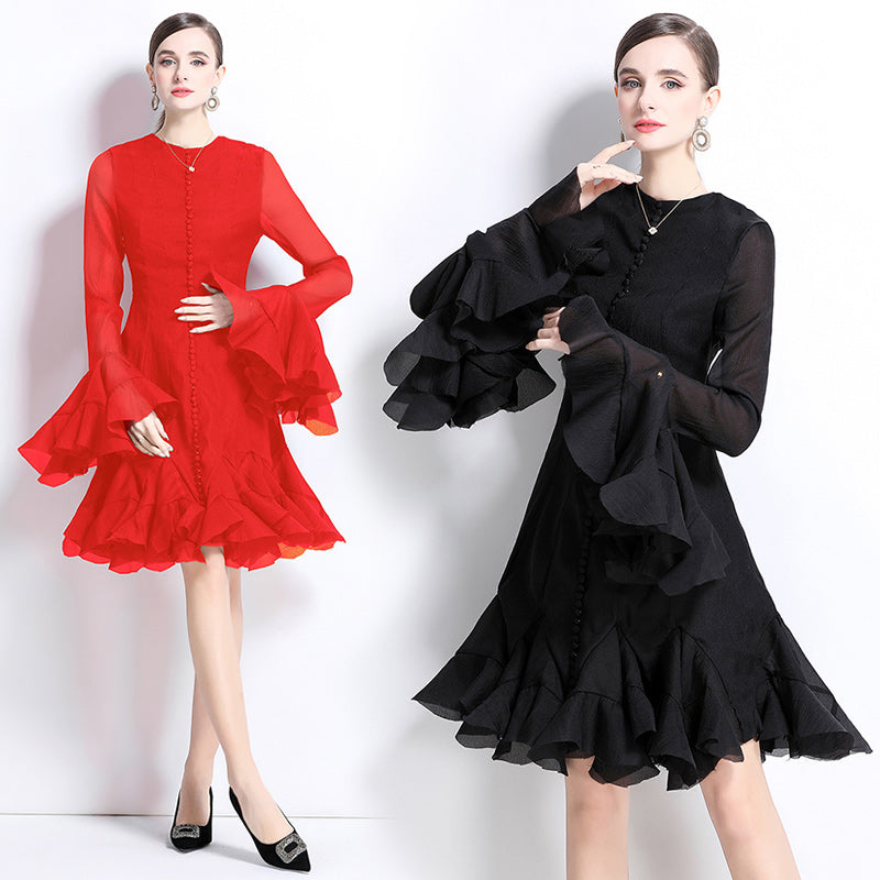 Trumpet Sleeves Short Ruffles Dress