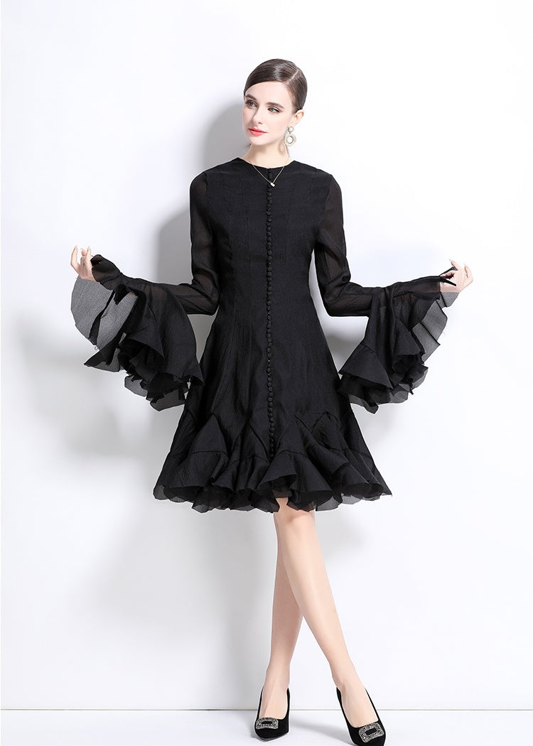 Trumpet Sleeves Short Ruffles Dress