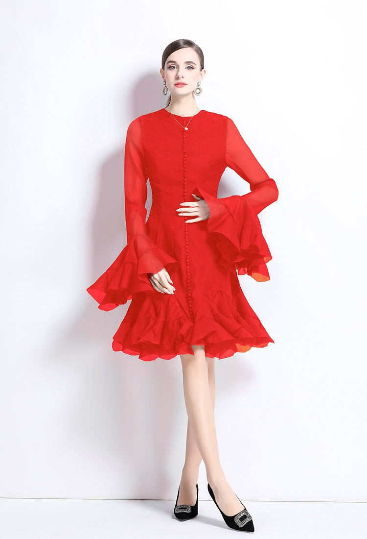 Trumpet Sleeves Short Ruffles Dress