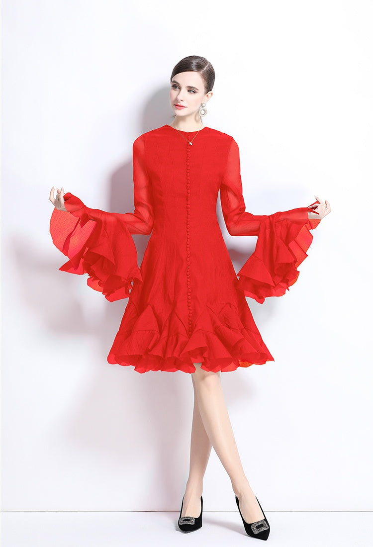 Trumpet Sleeves Short Ruffles Dress