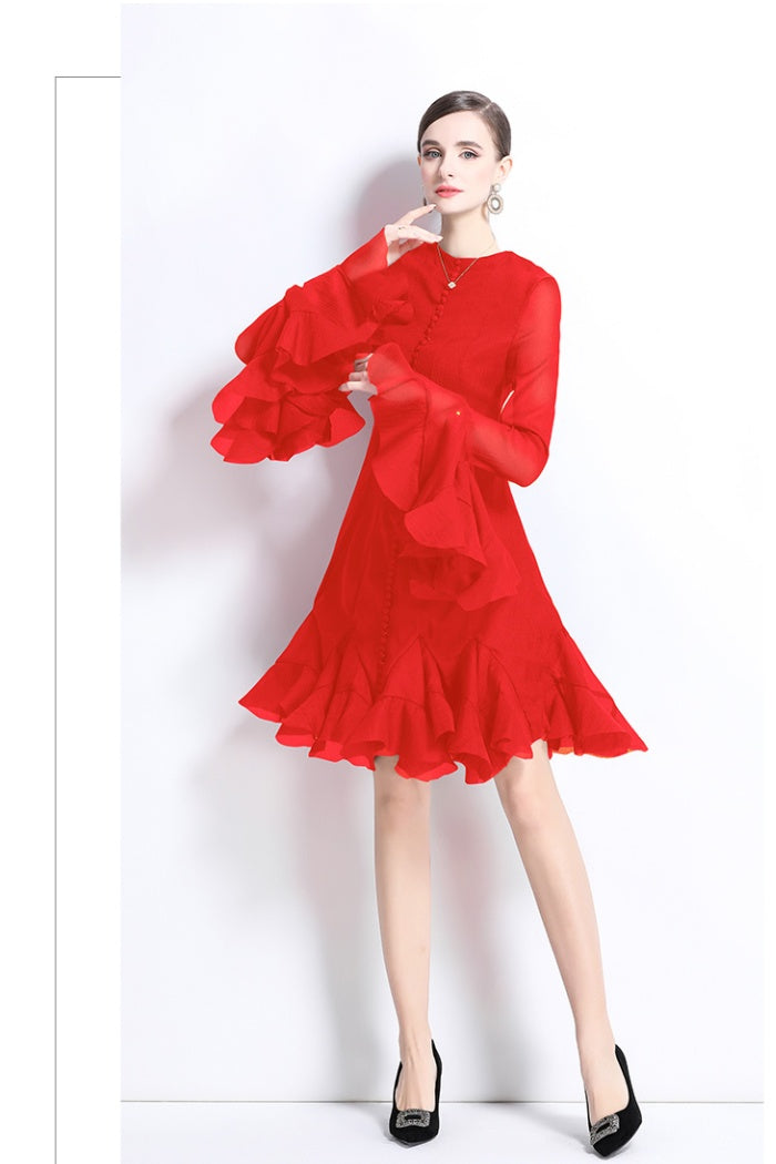 Trumpet Sleeves Short Ruffles Dress