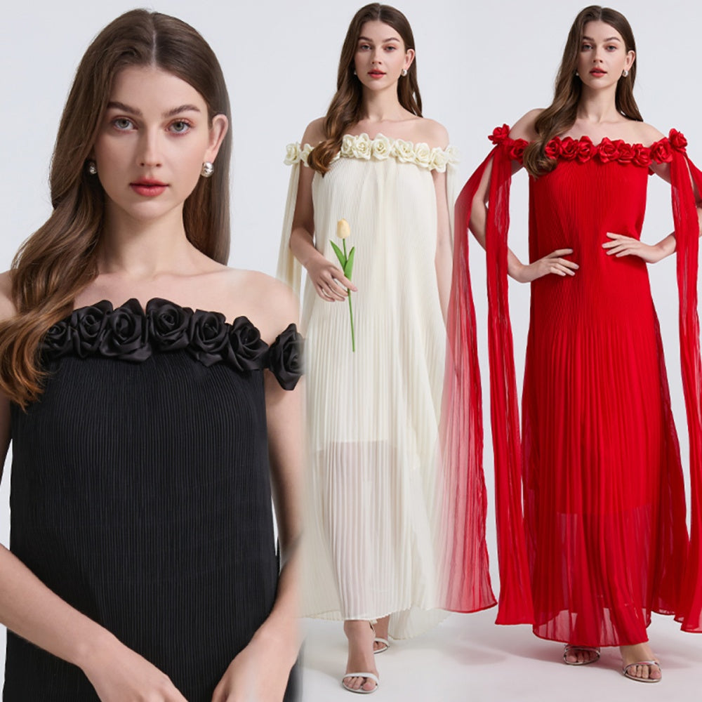 Chiffon sexy long dress rose stereoscopic maxi dress