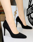 Black suede-look pointed-toe stiletto pumps with 10 cm heel