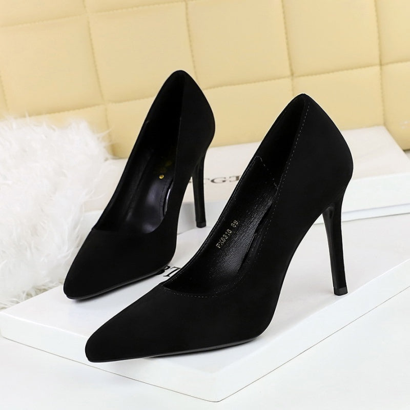 Black suede-look pointed-toe stiletto pumps with 10 cm heel