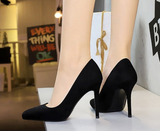Black suede-look pointed-toe stiletto pumps with 10 cm heel