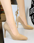 Nude suede-look pointed-toe stiletto pumps with 10 cm heel