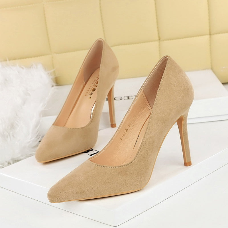 Nude suede-look pointed-toe stiletto pumps with 10 cm heel