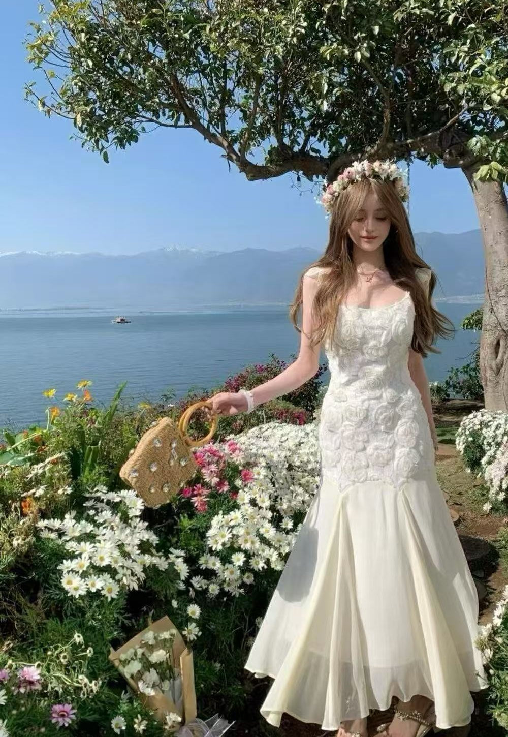 3D rose detailed maxi dress