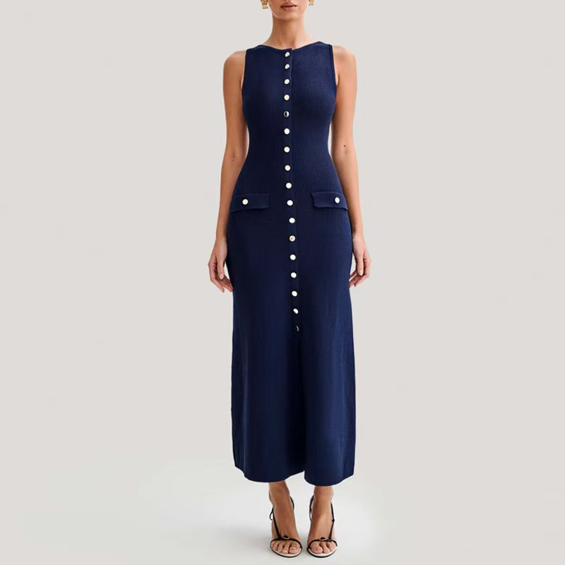 VERV Sandro Blue sleeveless knit maxi dress with buttons