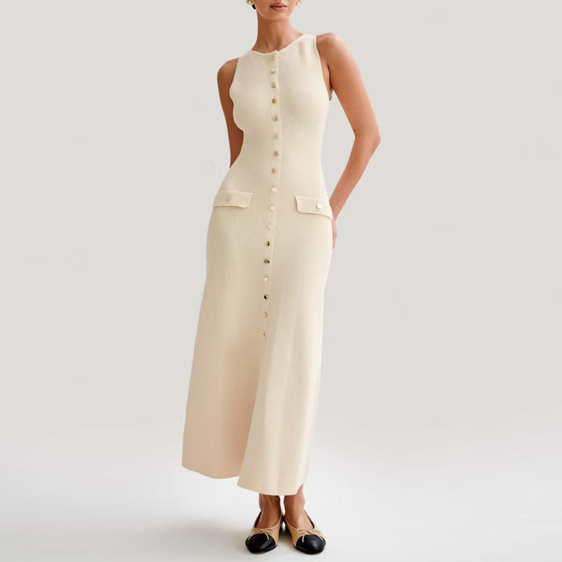 VERV Sandro Beige sleeveless knit maxi dress with buttons