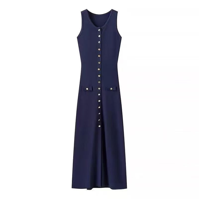 VERV Sandro Blue sleeveless knit maxi dress with buttons