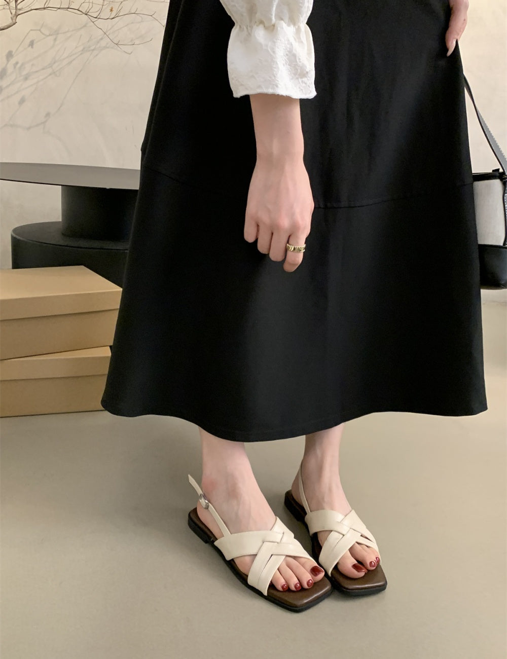 Beige Criss Cross Slingback Flats