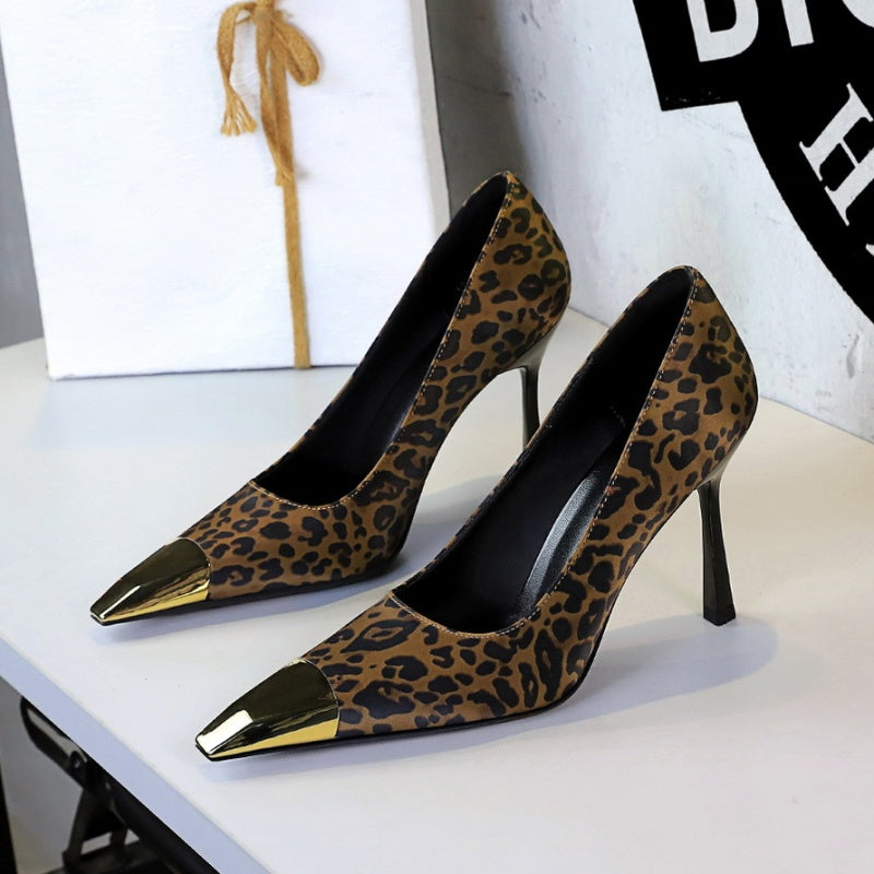 Leopard Print high-heeled shoes with gold metal accents 