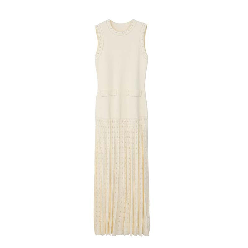 VERV Sondra Beige Beaded Knit Pleated Maxi Dress