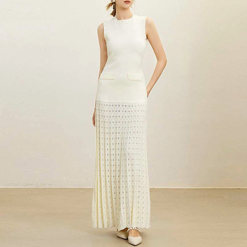 VERV Sondra Beige Knit Pleated Maxi Dress