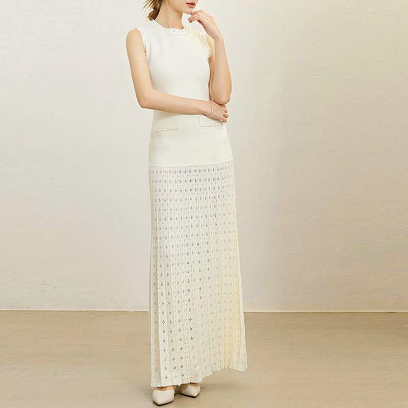 VERV Sondra Beige Knit Pleated Maxi Dress