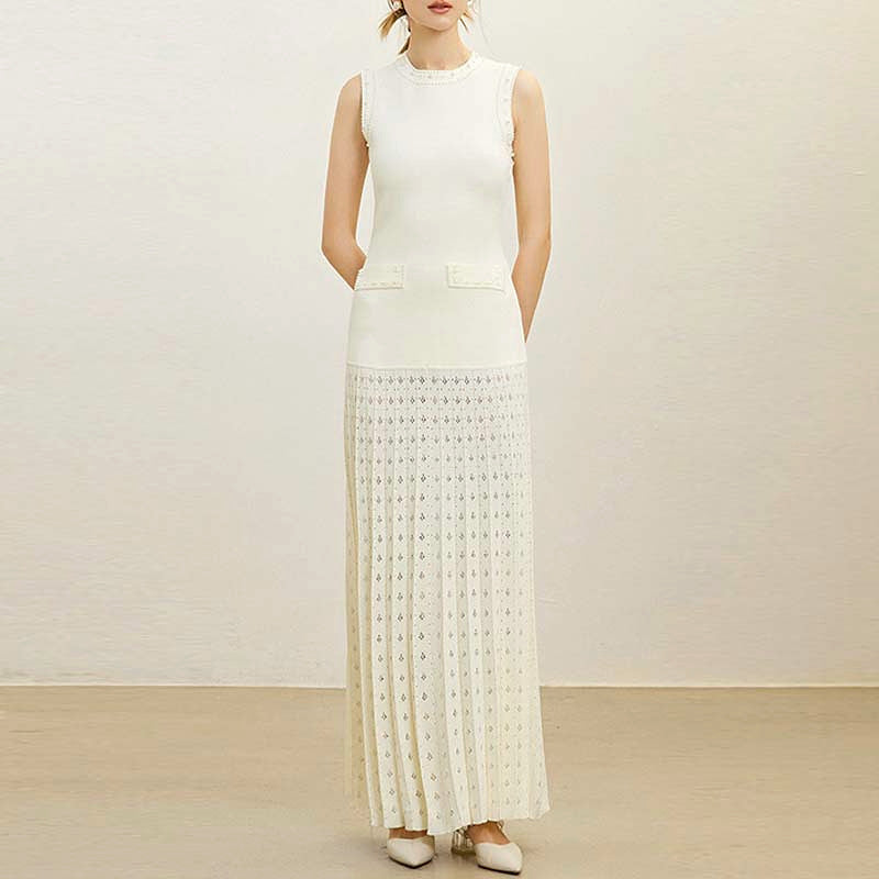 VERV Sondra Beige Beaded Knit Pleated Maxi Dress