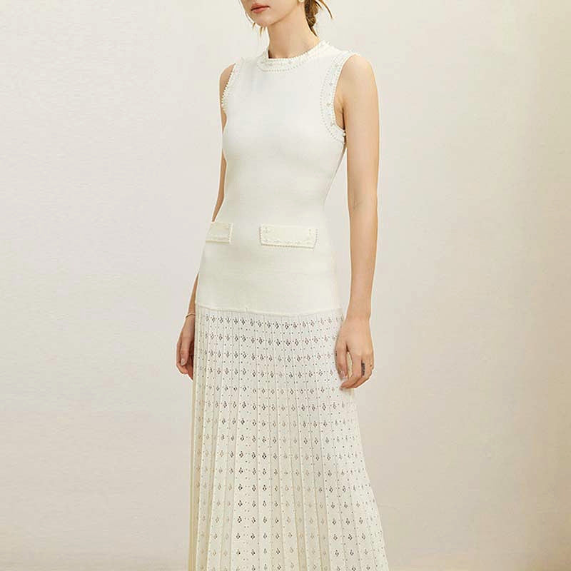 VERV Sondra Beige Beaded Knit Pleated Maxi Dress