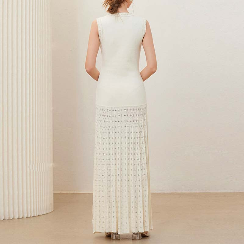 VERV Sondra Beige Beaded Knit Pleated Maxi Dress