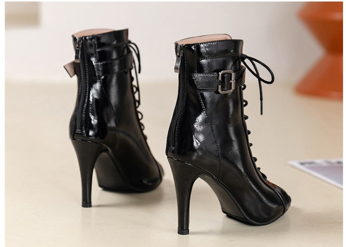 VERV Black Gloss Lace Up High Heel Boots
